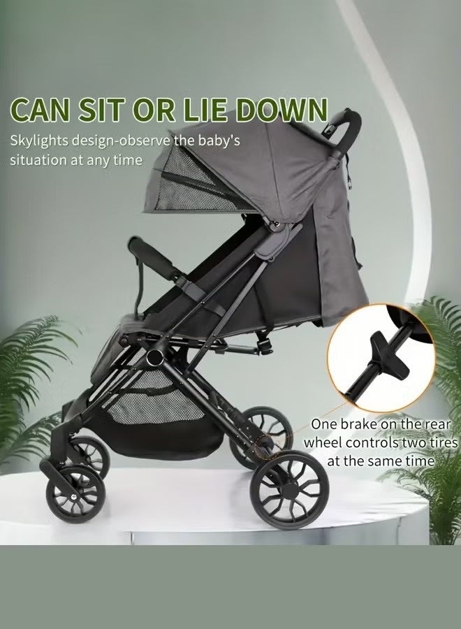 كيلا عربة أطفال فاخرة - عربة سفر خفيفة الوزن بتصميم مرتفع، قابلة للطي بيد واحدة، مزودة بمظلة كبيرة بسقف زجاجي، ونظام تعليق رباعي العجلات، وإمكانية تعديل وضعية الاستلقاء، وعجلات بزاوية 360 درجة. - Image 5